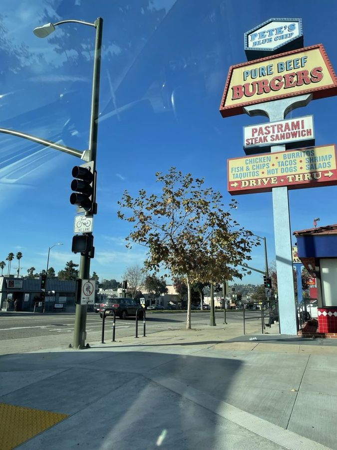 Pete&rsquo;s Blue Chip roadside sign by day at the corner of Colorado Blvd in Eagle Rock